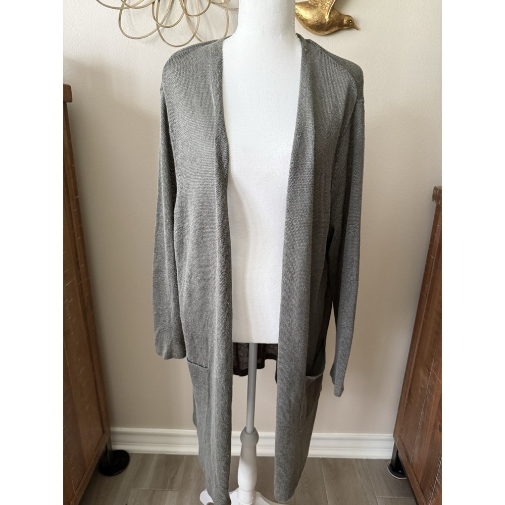 J. Jill Open Front Cardigan Womens 2X Gray Linen Blend Long Sweater Pockets